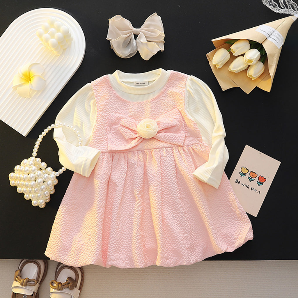 Girls Pink Textured Flower Bow Fit & Flared Casual Dress Casual Dresses Pink 1-2 Y 