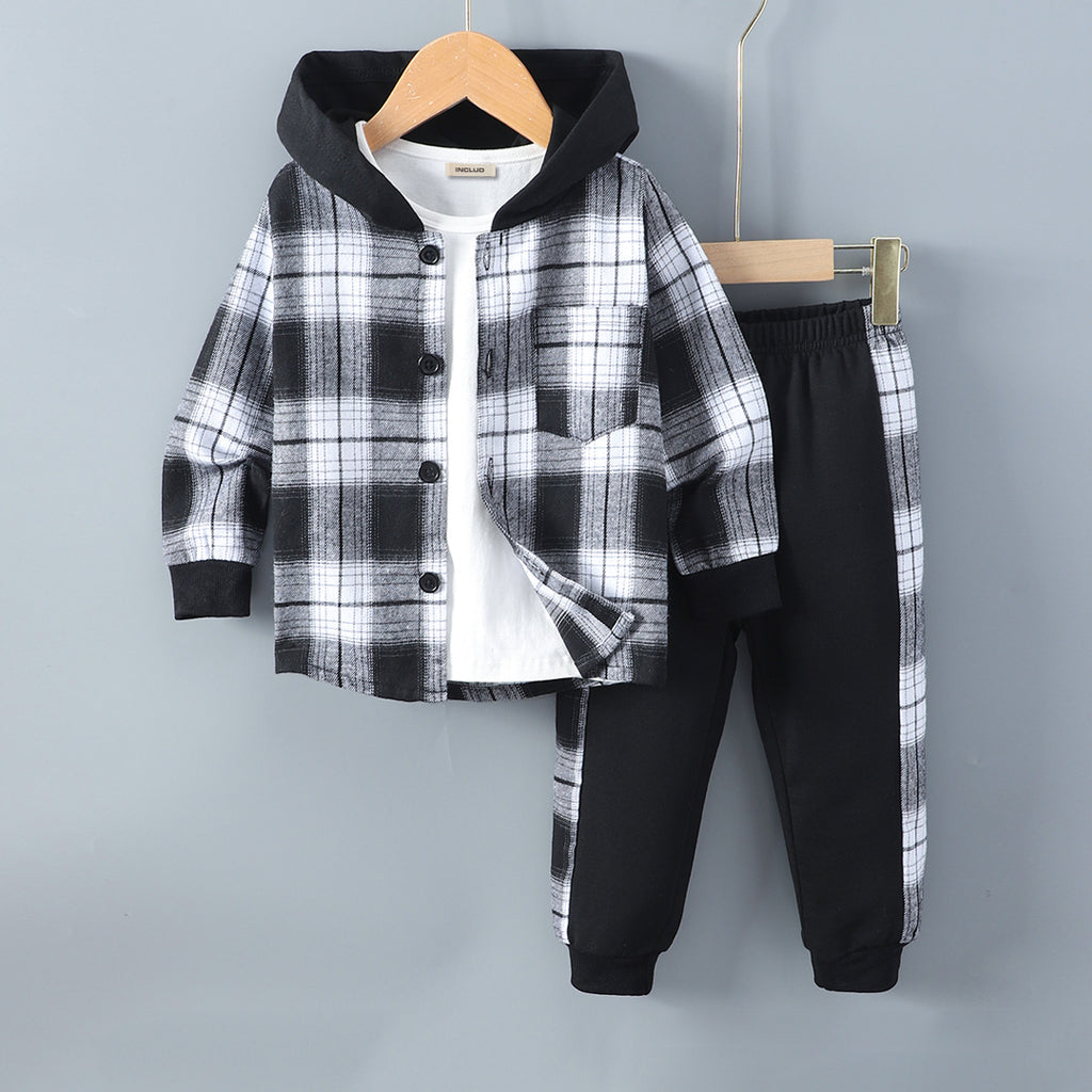 Boys White-Black Flannel Shacket with Trackpants Set