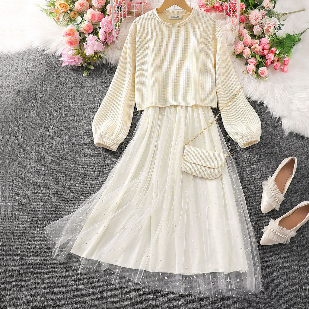 Girls Cream Knitted Pullover with Sleeveless Tulle Overlay Dress Casual Dresses Cream 8-9 Y 