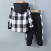 Boys White-Black Flannel Shacket with Trackpants Set Sets   