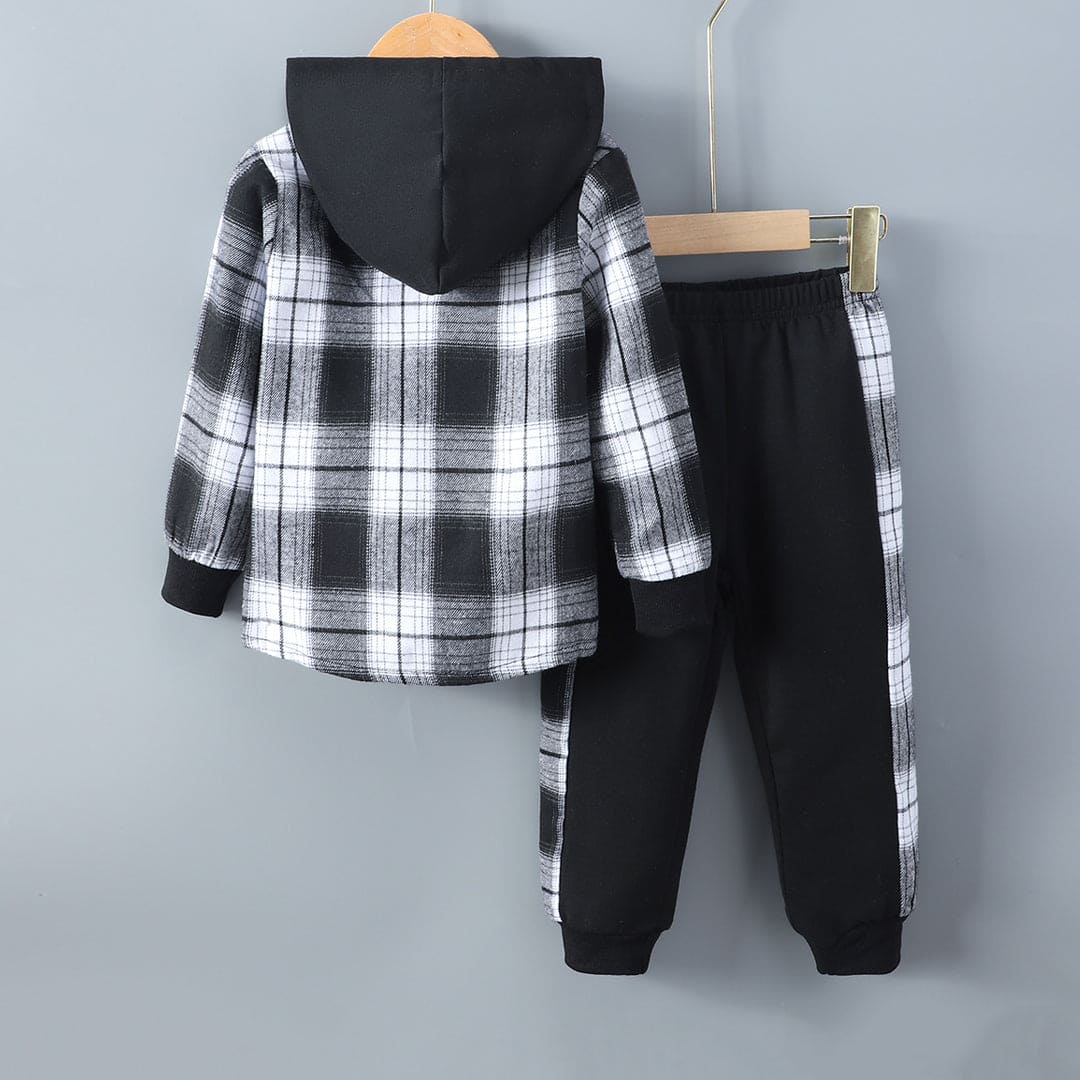 Boys White-Black Flannel Shacket with Trackpants Set Sets   