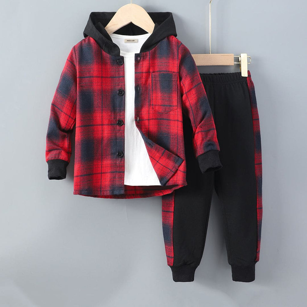 Boys Red-Black Flannel Hooded Shacket with Trackpants Set Sets Red 3-4 Y 