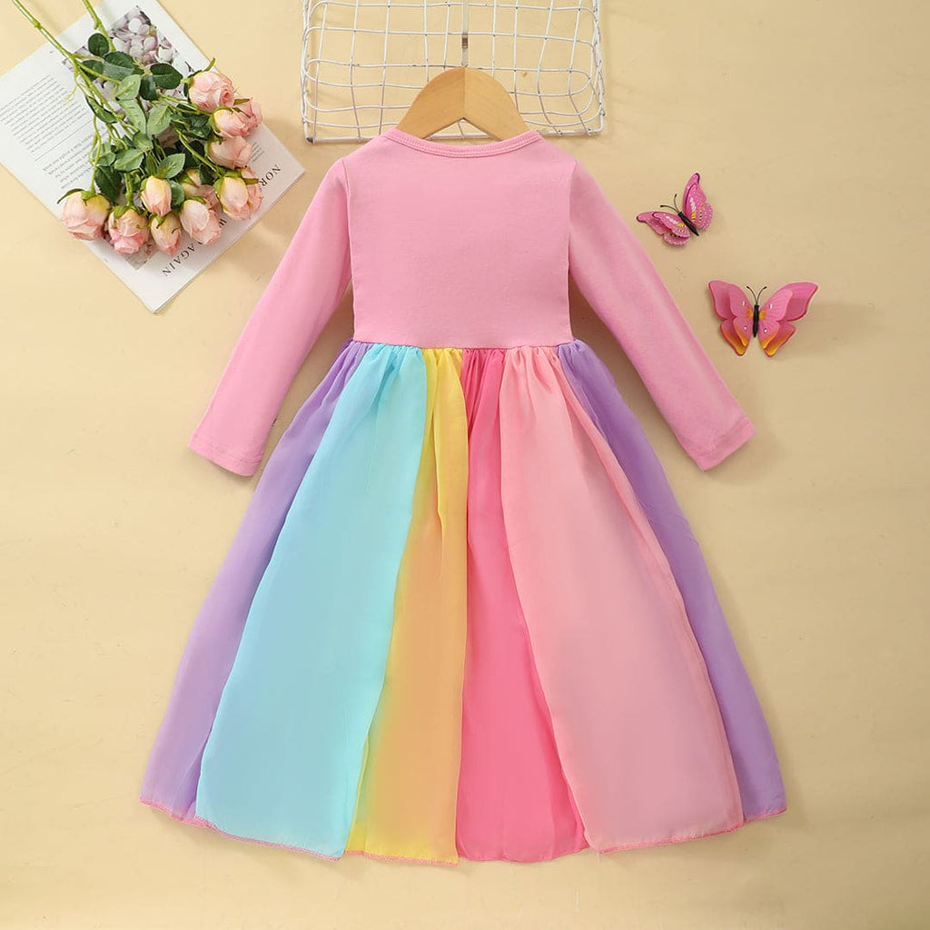 Girls Pink Rainbow Panelled Full Sleeves Casual Dress Casual Dresses   