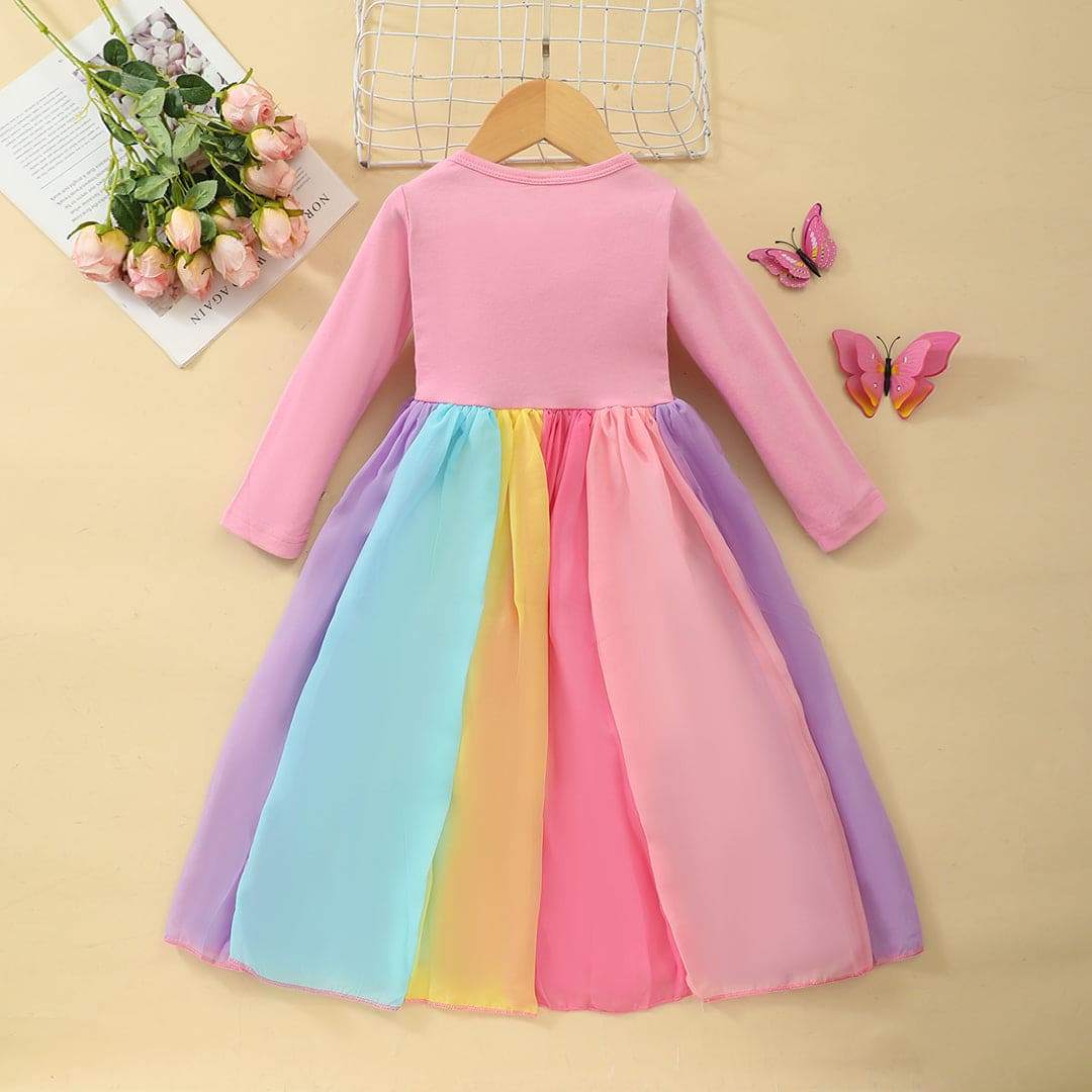 Girls Pink Rainbow Panelled Full Sleeves Casual Dress Casual Dresses   