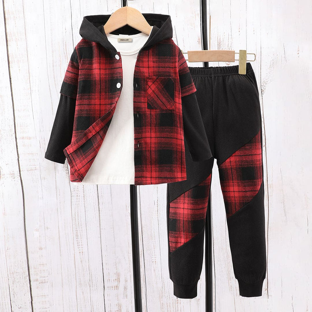 Boys Red-Black Flannel Shacket with Trackpants Set Sets Red 3-4 Y 