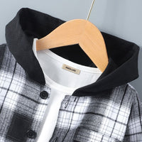 Boys White-Black Flannel Shacket with Trackpants Set Sets   