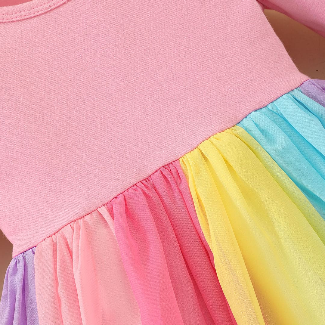 Girls Pink Rainbow Panelled Full Sleeves Casual Dress Casual Dresses   