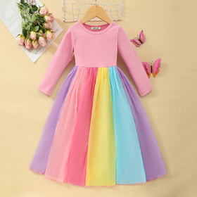 Girls Pink Rainbow Panelled Full Sleeves Casual Dress Casual Dresses Pink 2-3 Y 