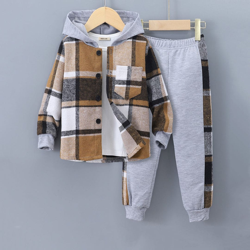 Boys Khaki-Grey Melange Flannel Hooded Shacket with Trackpants Set Sets Khaki 3-4 Y 