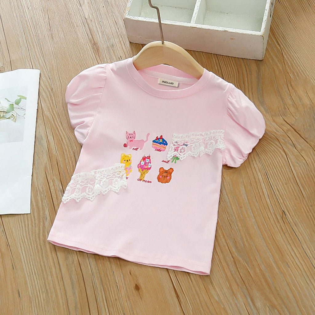 Girls Pink Printed  Puff Sleeves Top Tops Pink 1-2 Y 