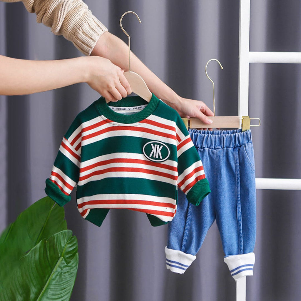 Boys Green Full Sleeves Stripped Sweatshirt With Denim Set Sets Green 1-2 Y 