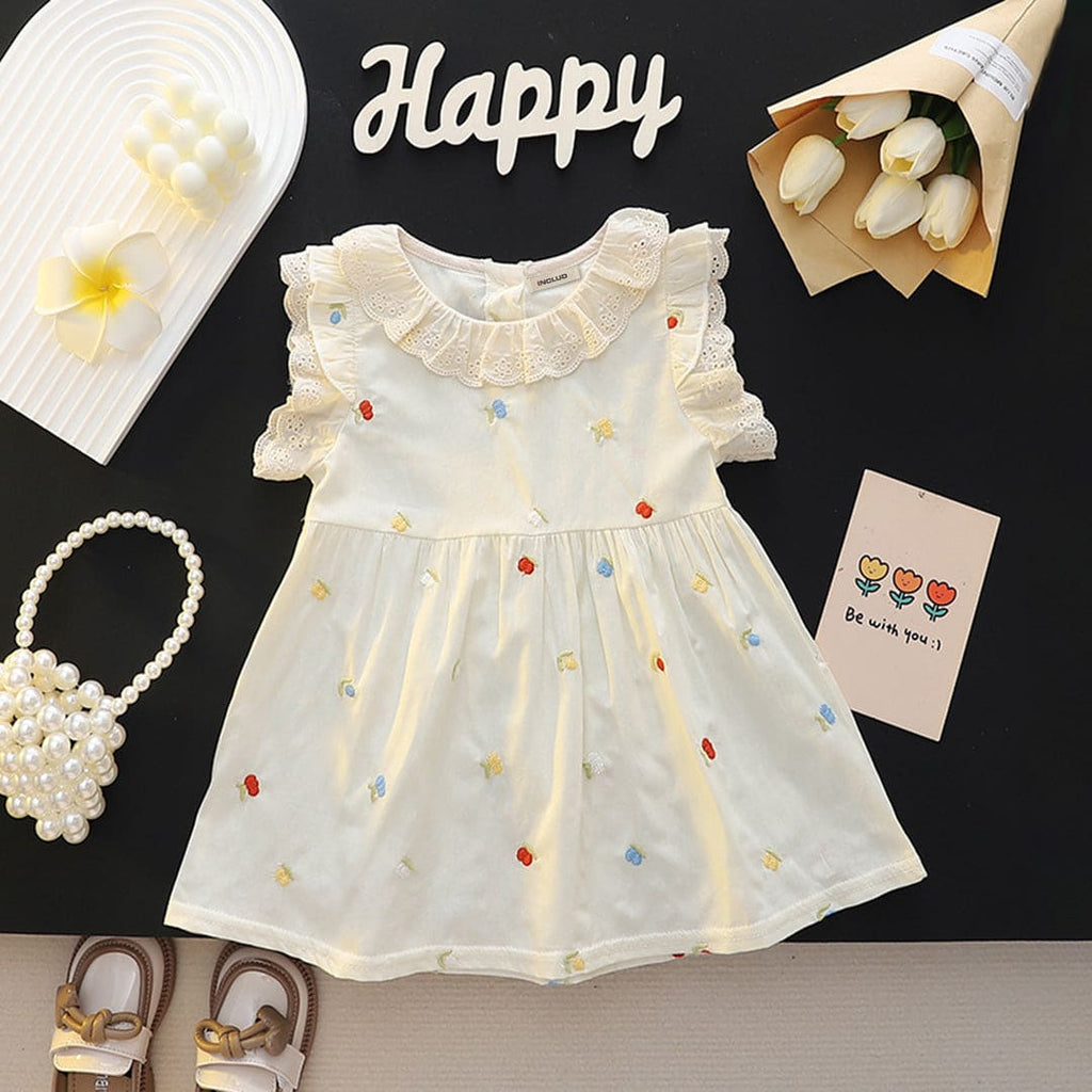 Girls White Lace Collar Flower Embroidered Casual Dress Casual Dresses Off White 1-2 Y 