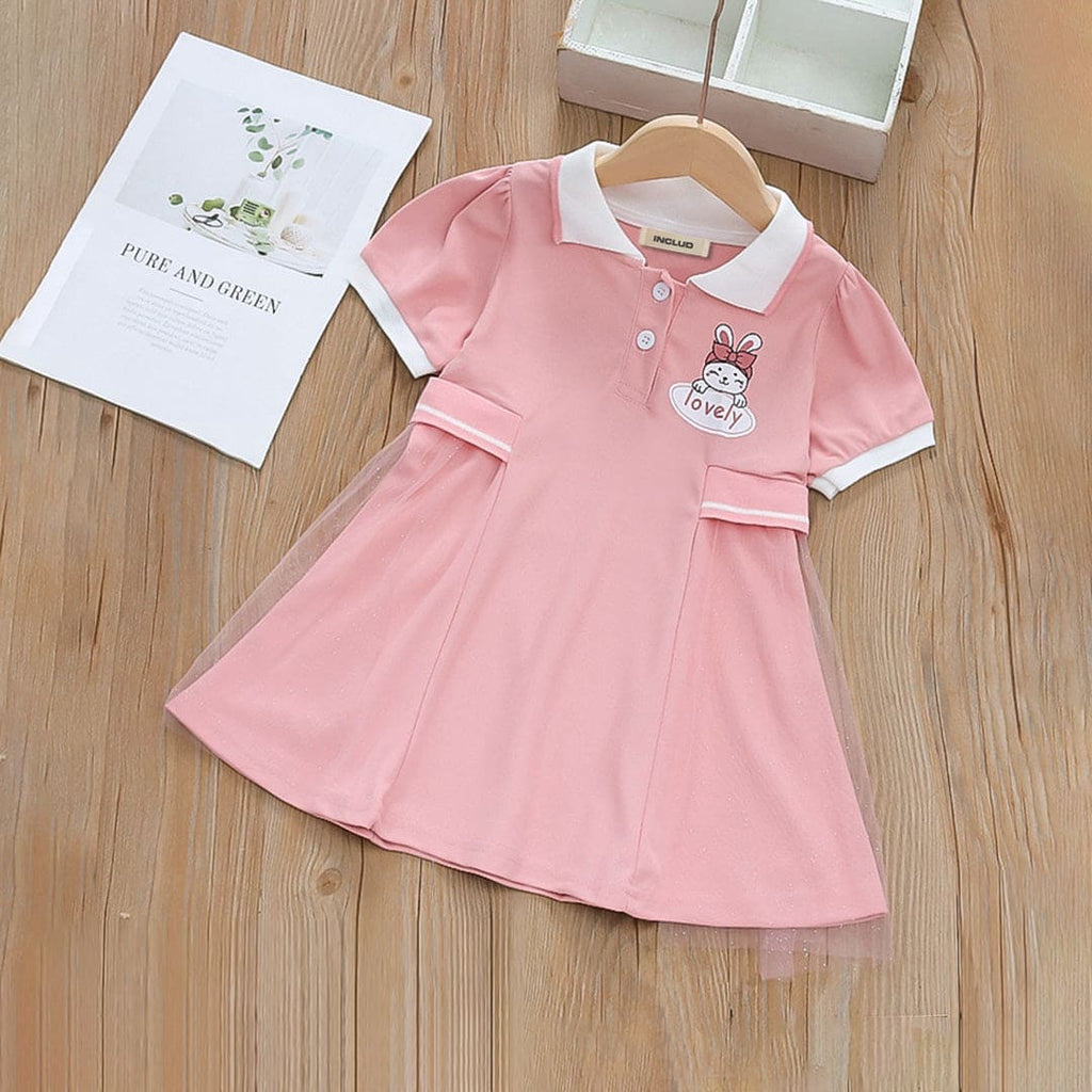 Girls Pink Bunny Print Polo T-shirt Dress Casual Dresses Pink 1-2 Y 