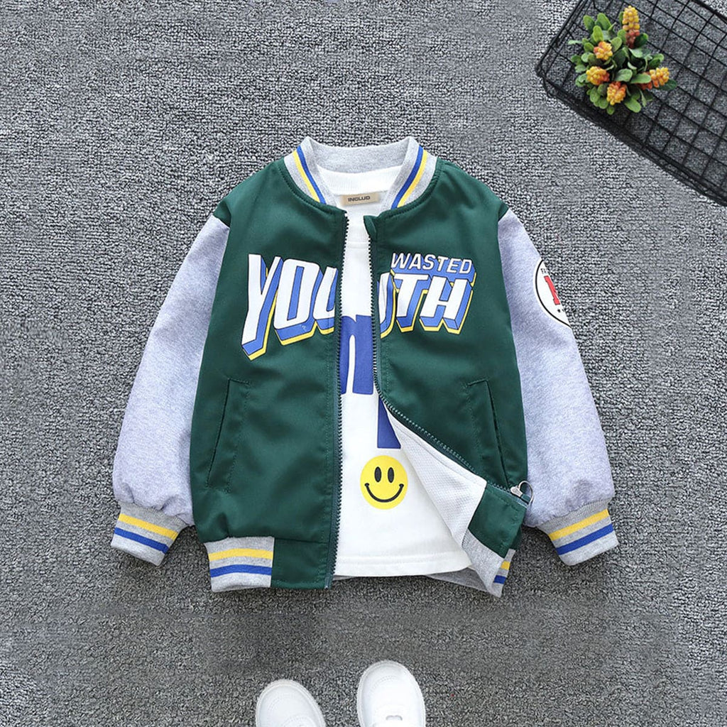 Boys Green Youth Printed Front Open Baseball Jacket With Lining