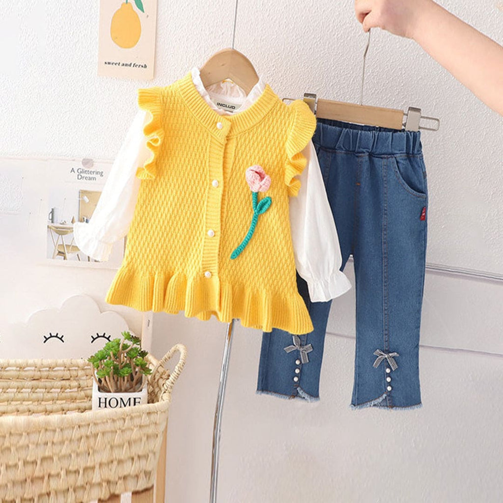 Girls Full Sleeves Flutter Collar Top With Yellow Knitted Vest Sweater & Denim Jeans Sets Yellow 1-2 Y 