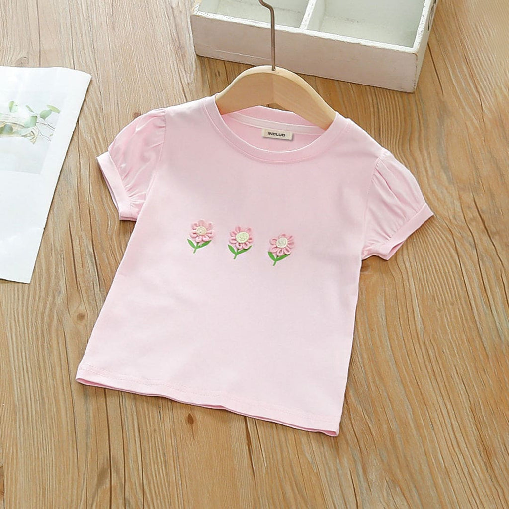 Girls Pink Puff Sleeves Flower Embroidered Casual Top Tops Pink 1-2 Y 