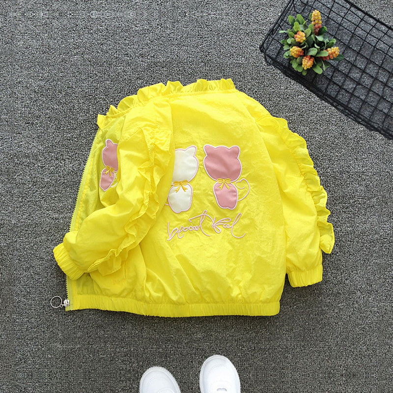 Girls Yellow Cute Cat Embroidered Jacket With Cotton Lining Coats & Jackets   