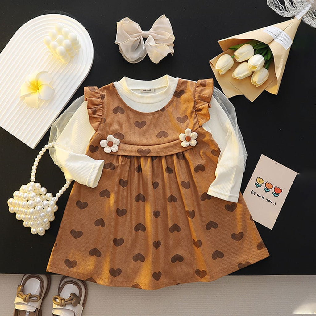 Girls Brown Heart Print Full Sleeves Fit & Flare Dress Casual Dresses Brown 1-2 Y 