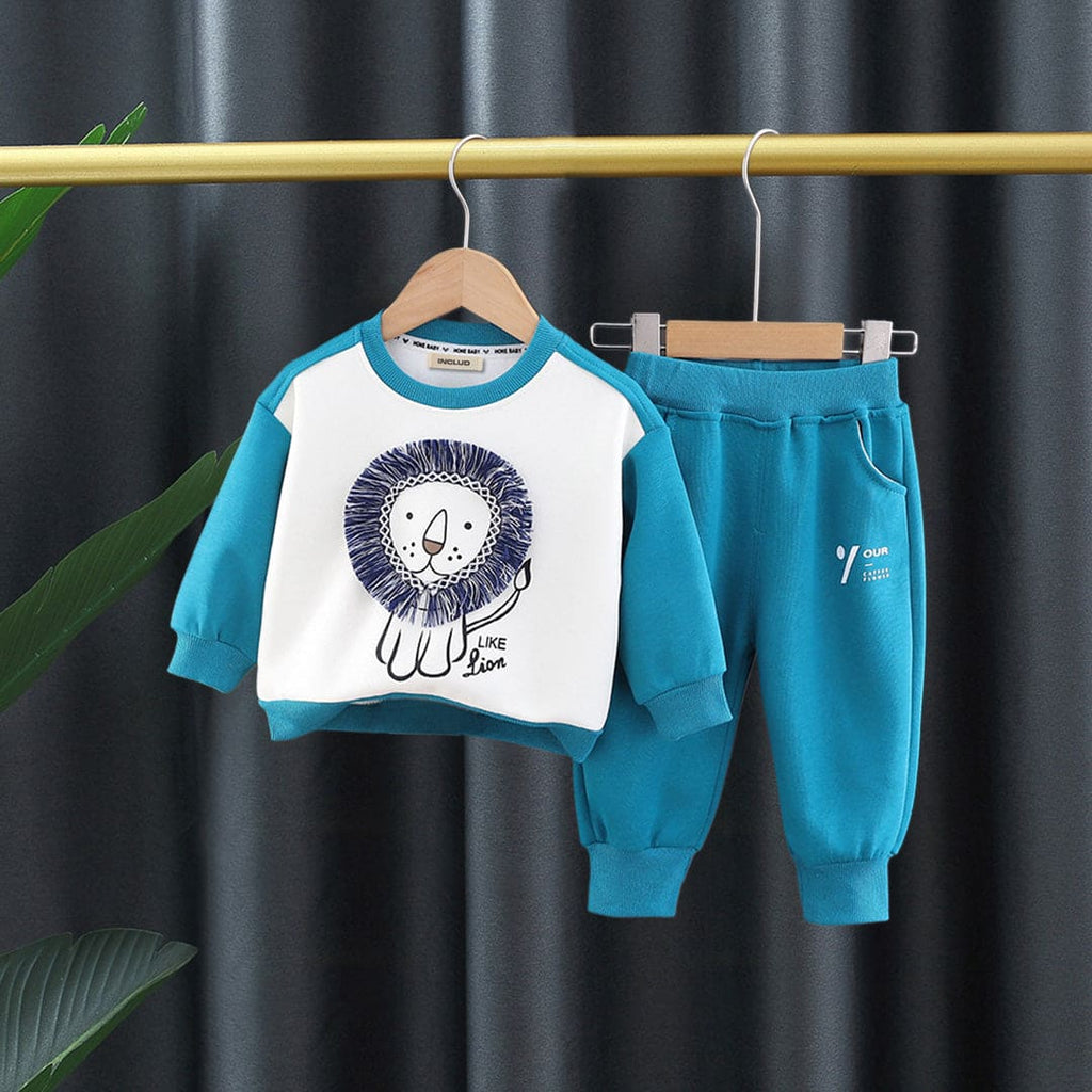 Boys Blue Full Sleeves Lion Print Sweatshirt with Joggers Set Sets Blue 1-2 Y 