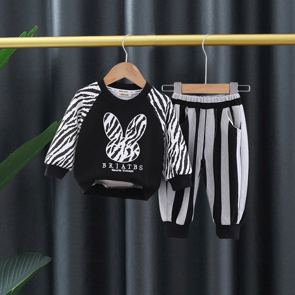 Boys Black Rabbit Print Full Sleeves Sweatshirt with Stripped Jogger Set Sets Black 1-2 Y 