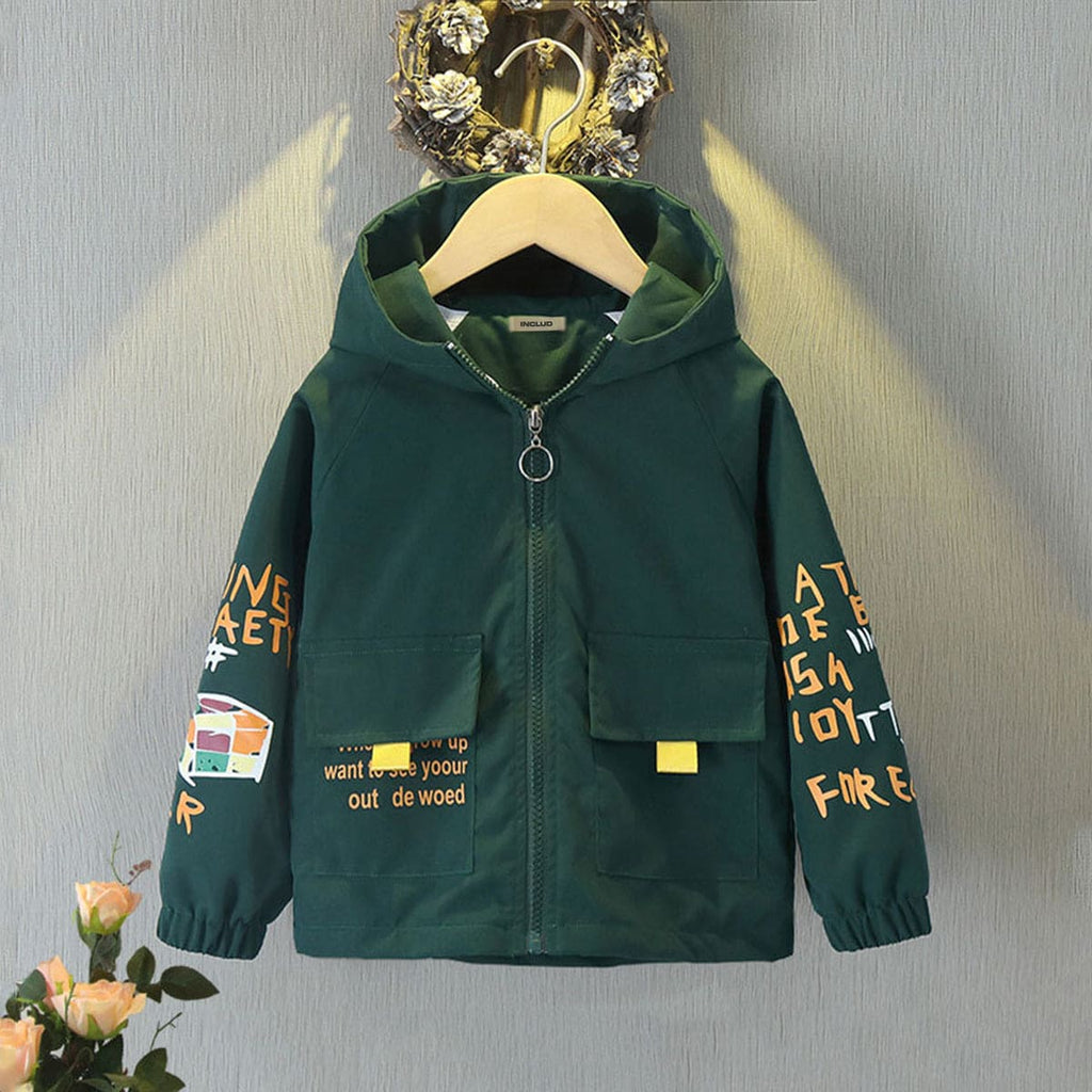 Boys Green Raglan Sleeve Hooded Printed Jackets Coats & Jackets Green 1-2 Y 