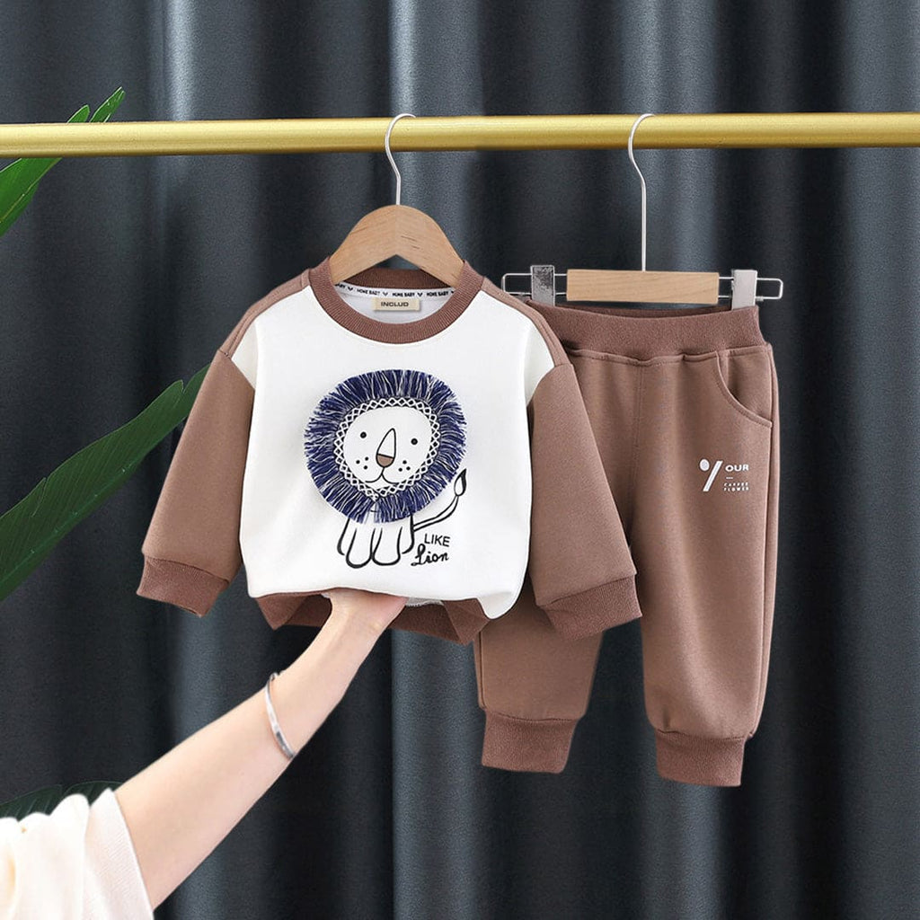 Boys Brown Full Sleeves Lion Print Sweatshirt with Joggers Set Sets Brown 1-2 Y 