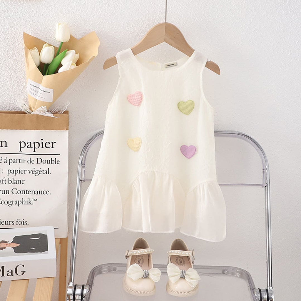 Girls White Sleeveless Heart Applique Casual Dress Casual Dresses White 1-2 Y 