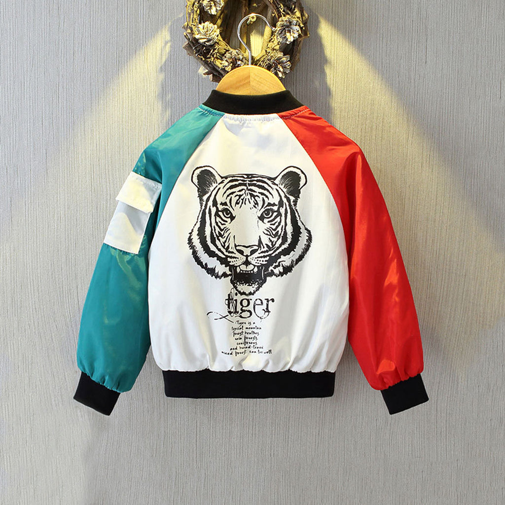 Boys White Tiger Printed Front Open Trendy Jacket