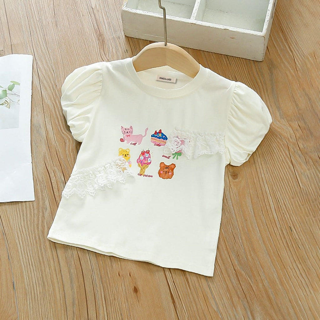 Girls White Puff Sleeves Printed Top Tops White 1-2 Y 