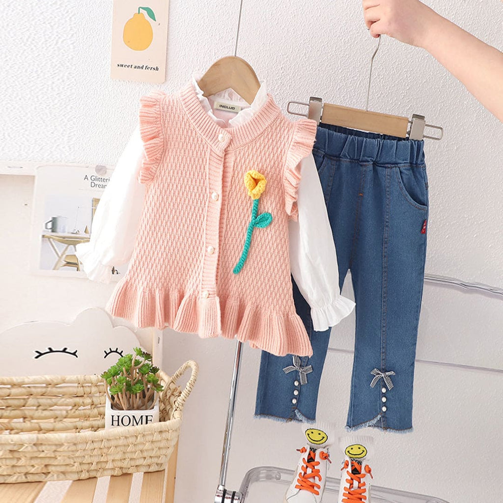 Girls Peach Full Sleeves Top with Sleeveless Sweater & Denim Set Sets Peach 1-2 Y 