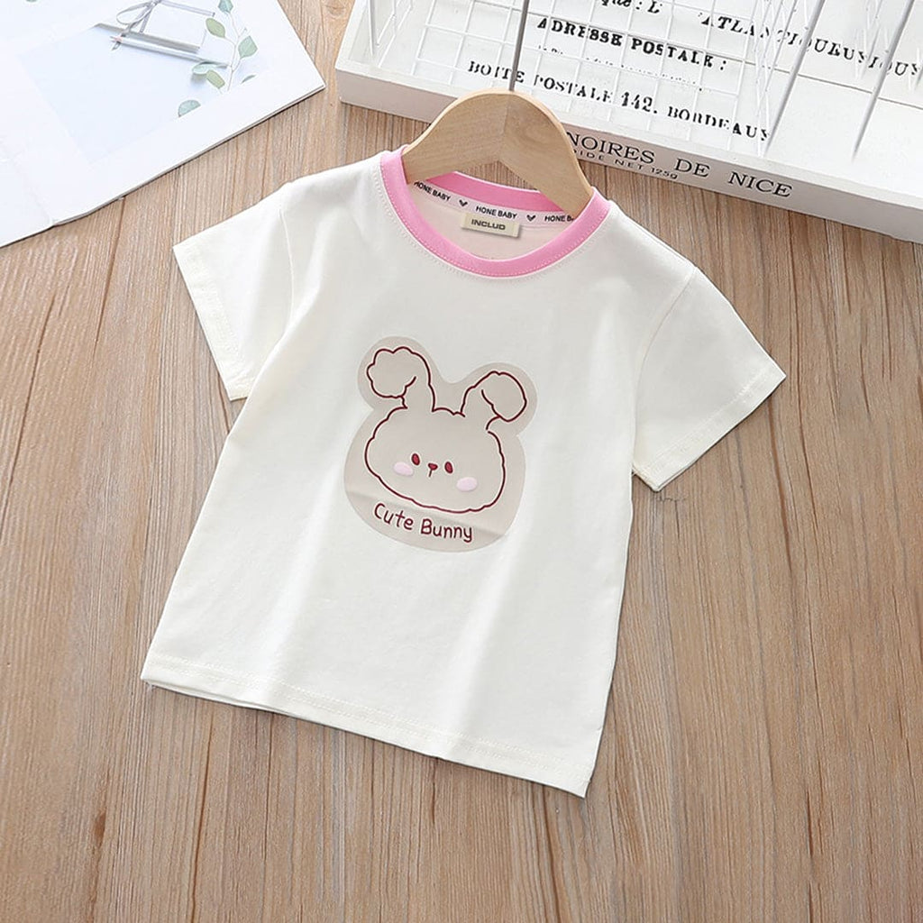 Girls White Half Sleeves Bunny Cartoon Print T-shirt Tshirts White 1-2 Y 