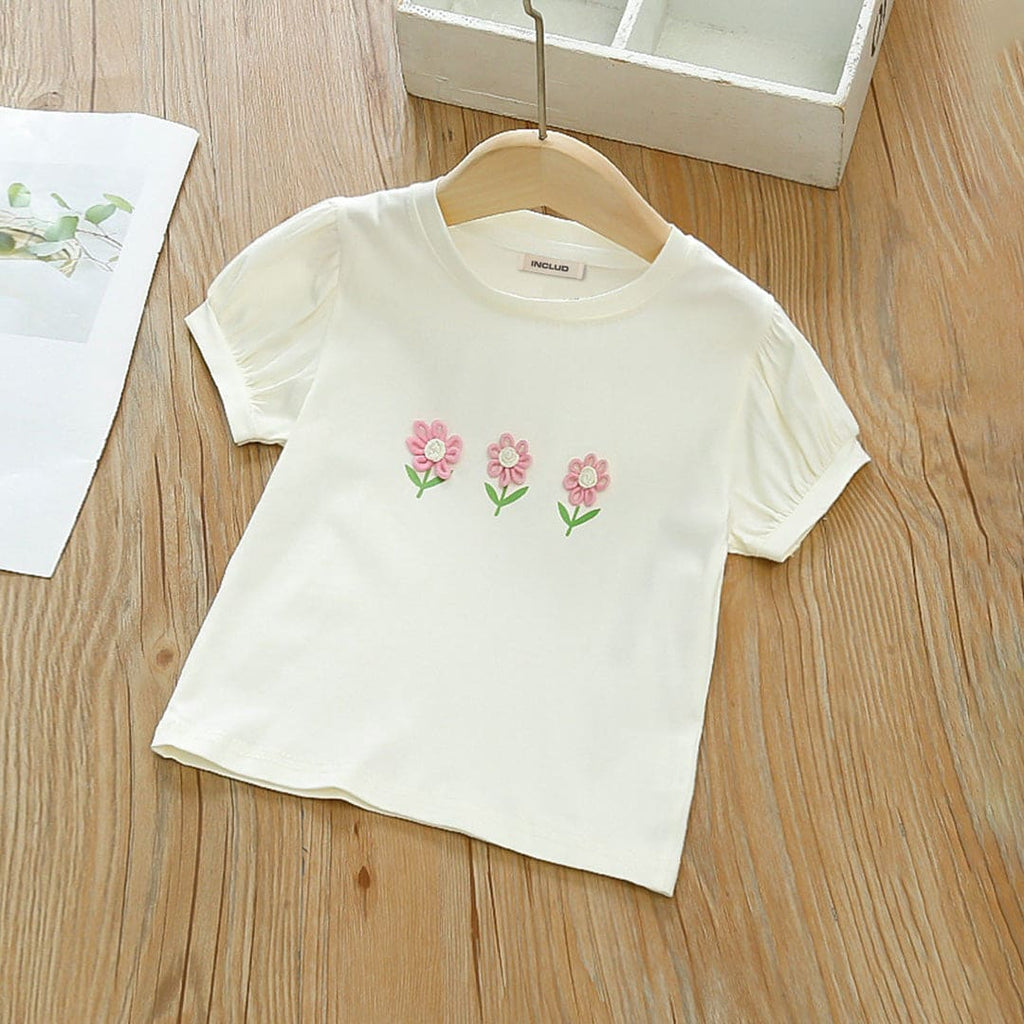 Girls White Puff Sleeves 3D Flower Motif Casual Top Tops White 1-2 Y 