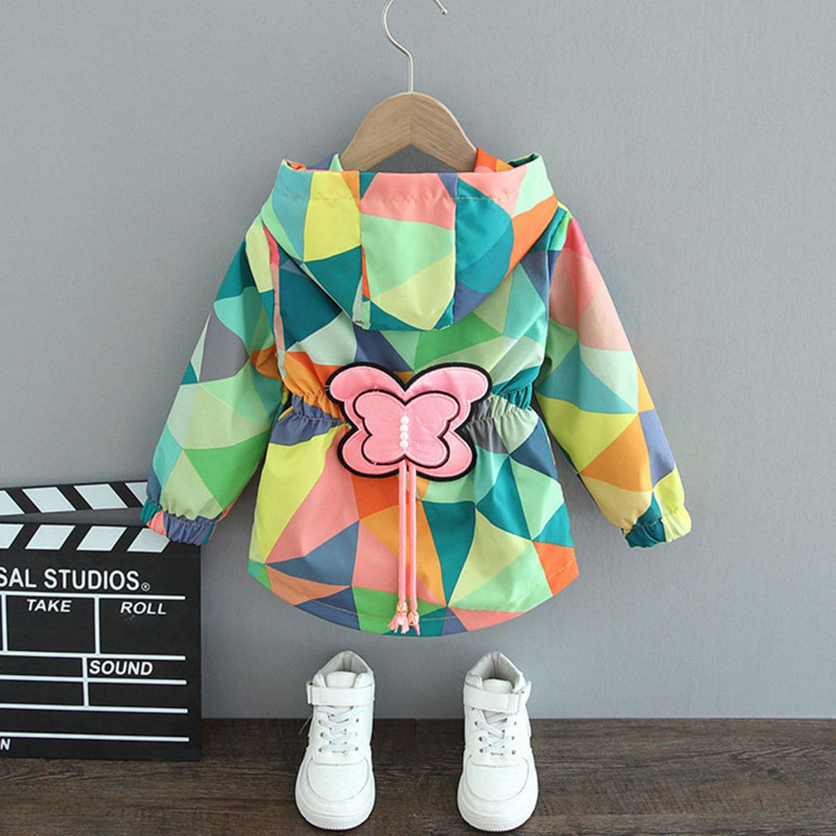 Girls Green Hooded Printed Jackets With Butterfly Patch Coats & Jackets   