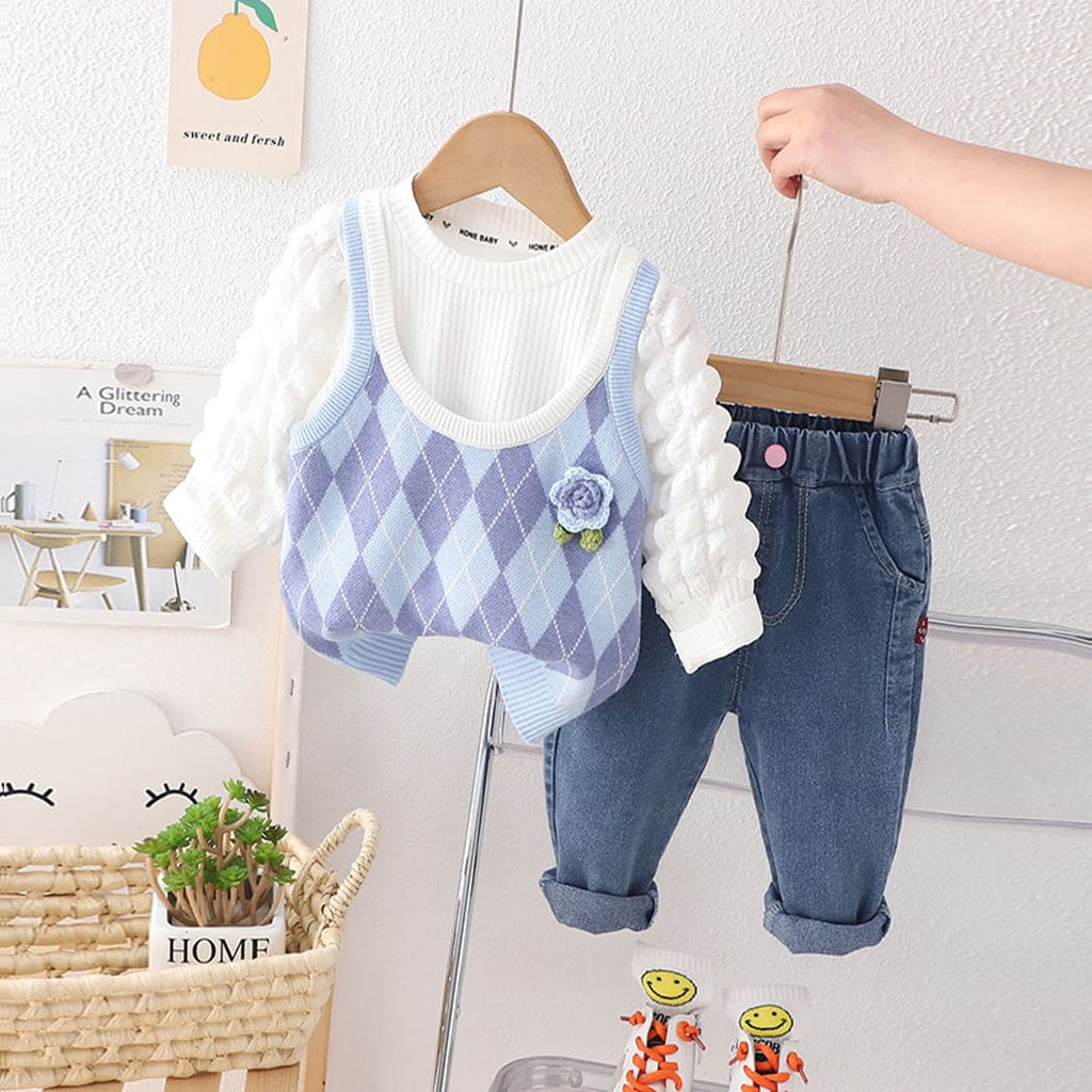 Girls Blue Knitted Top with Checkered Sleeveless Sweater & Denim Set Sets Blue 1-2 Y 