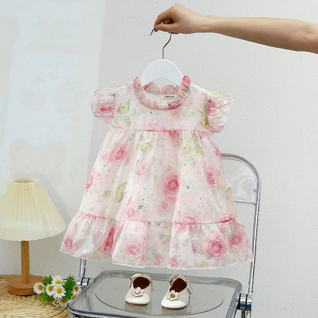 Girls Light Pink Floral Foil Print Flutter Sleeves Casual Dress Casual Dresses Light Pink 1-2 Y 