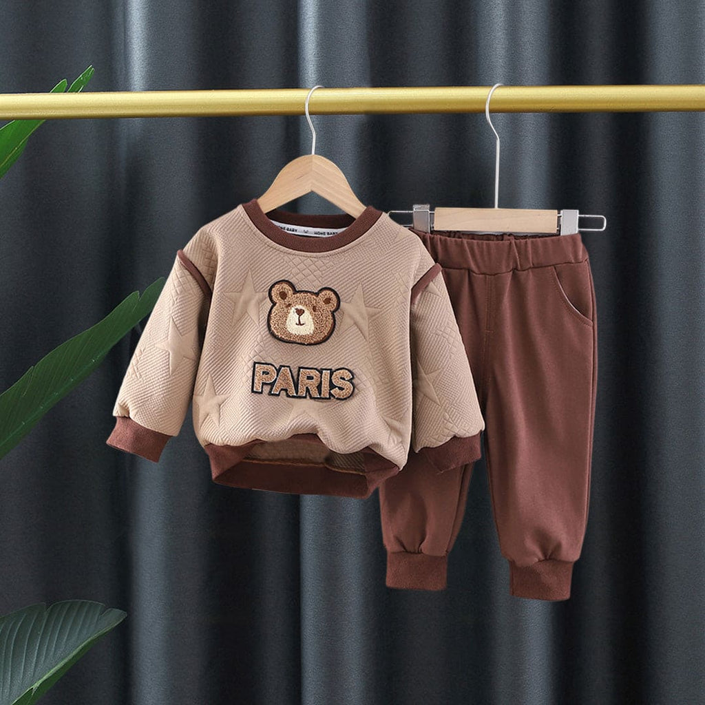 Boys Brown Teddy Patchwork Sweatshirt with Jogger Set Sets Brown 1-2 Y 