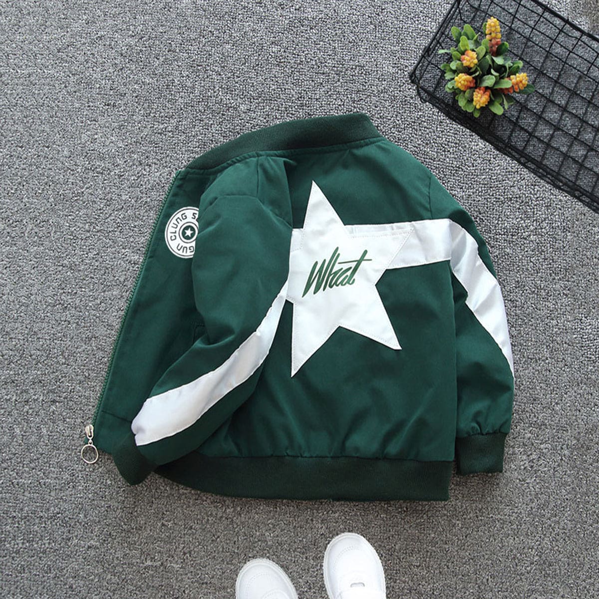 Boys Green Star Applique Front Open Color-blocked Trendy Jacket Coats & Jackets   