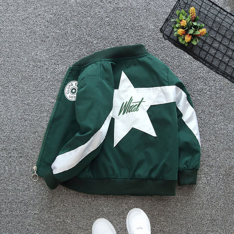 Boys Green Star Applique Front Open Color-blocked Trendy Jacket Coats & Jackets   