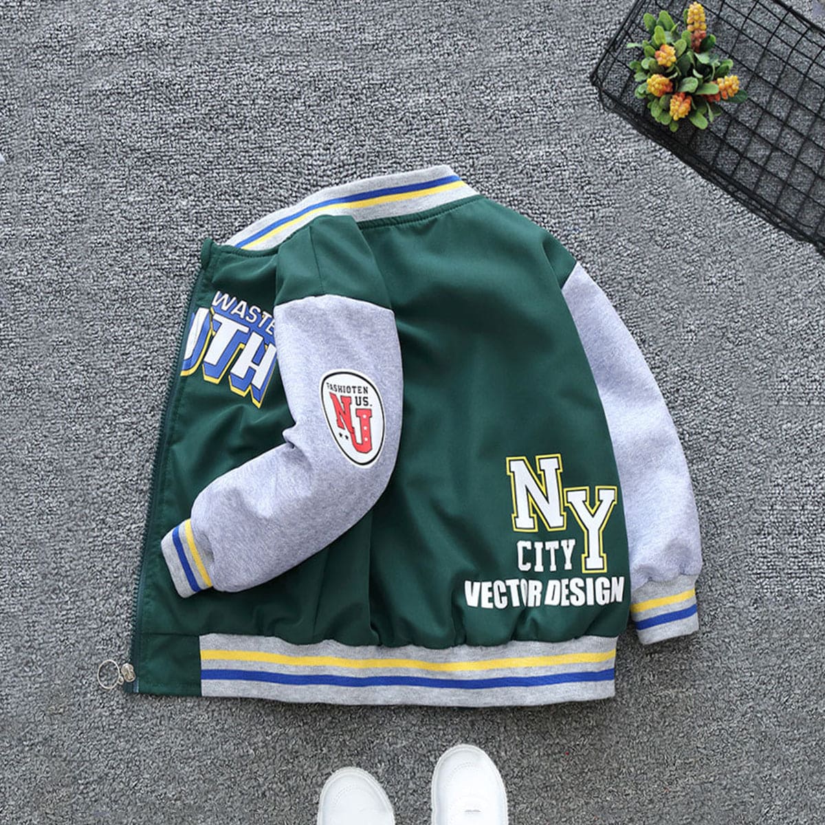 Boys Green Youth Printed Front Open Baseball Jacket With Lining Coats & Jackets   