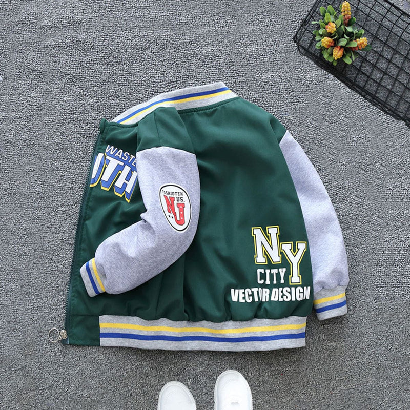 Boys Green Youth Printed Front Open Baseball Jacket With Lining Coats & Jackets   