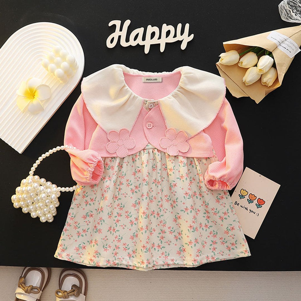 Girls Pink Jacket Attached Floral Print Peter Pan Collar Casual Dress Casual Dresses Pink 1-2 Y 