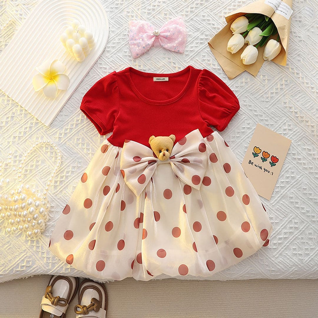 Girls Red Polka Dot Shorts Sleeves Balloon Dress Casual Dresses Red 1-2 Y 