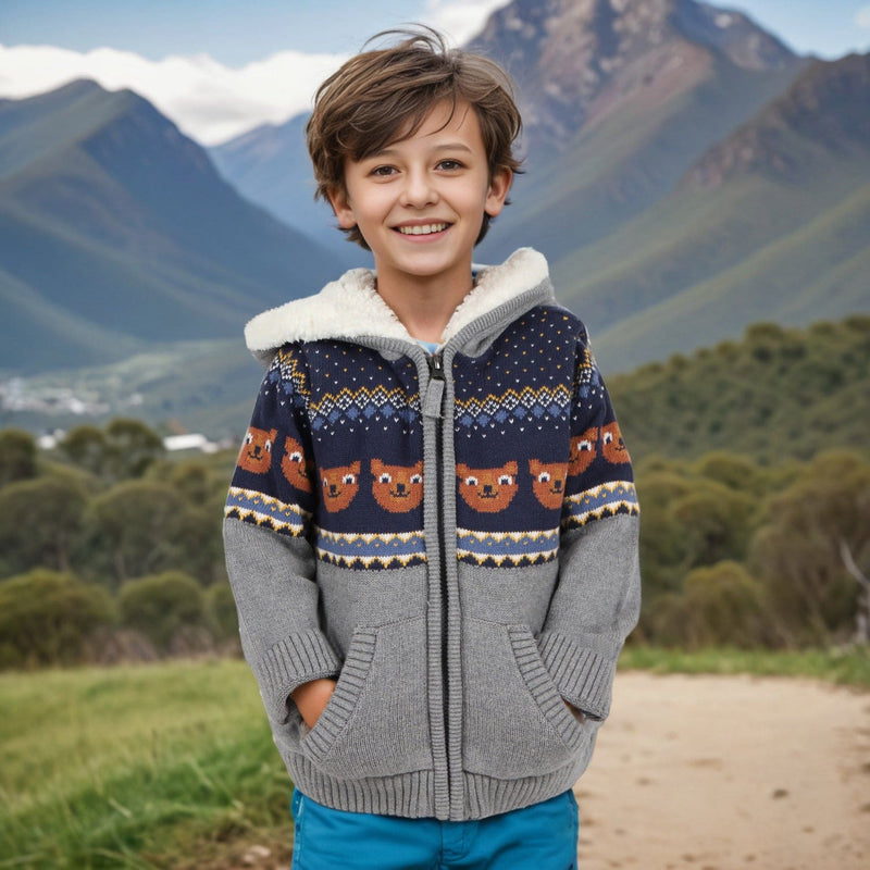 Boys Grey Long Sleeve Jacquard Fur Lined Sweater Sweaters & Cardigans   