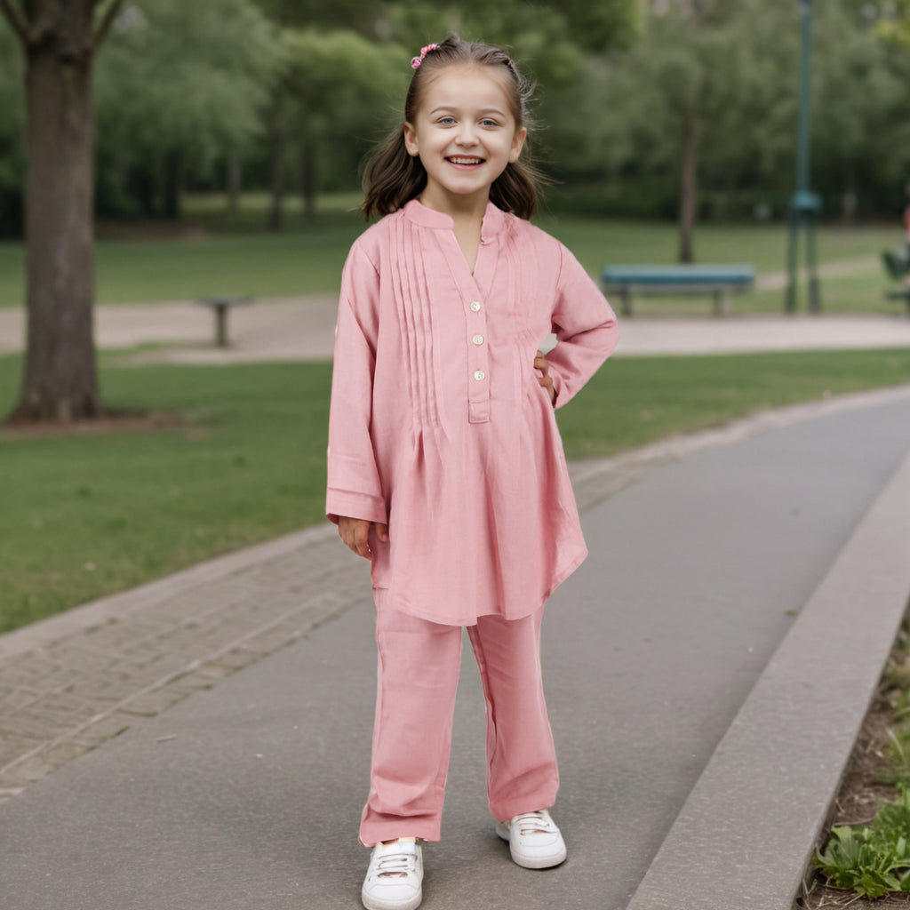 Girls Pink Long Sleeve Pintuck Top With Pajamas Set Sets Pink 4-5 Y 