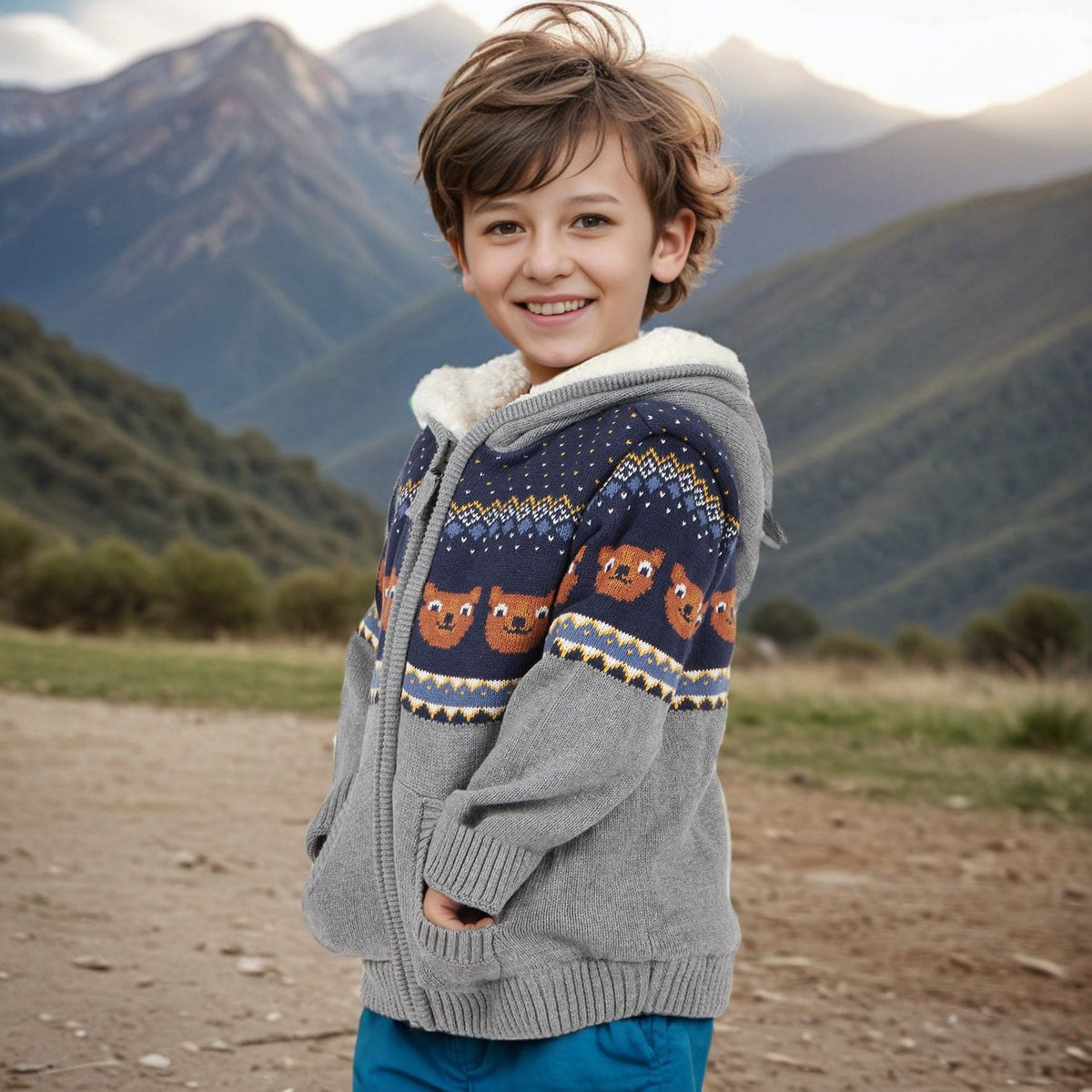 Boys Grey Long Sleeve Jacquard Fur Lined Sweater Sweaters & Cardigans   