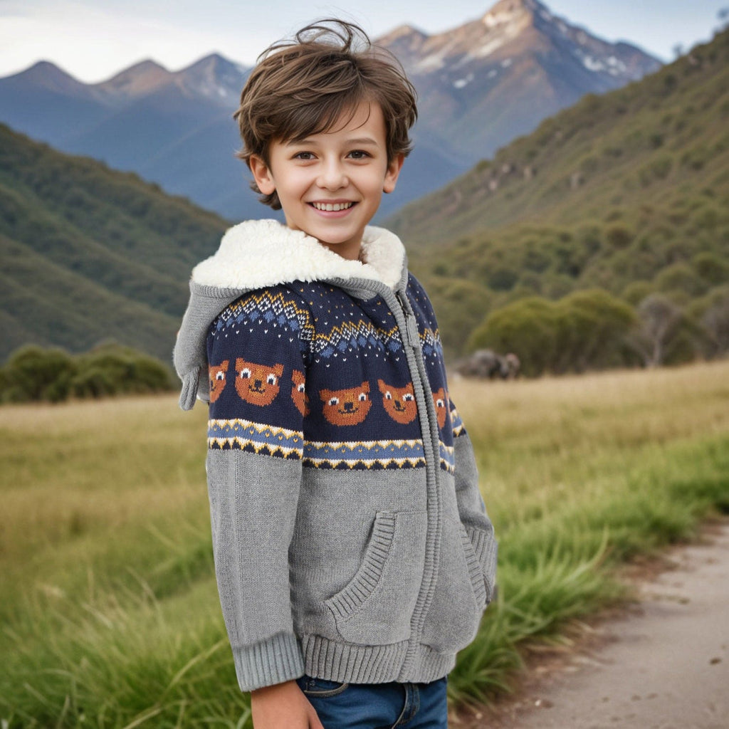Boys Grey Long Sleeve Jacquard Fur Lined Sweater Sweaters & Cardigans   