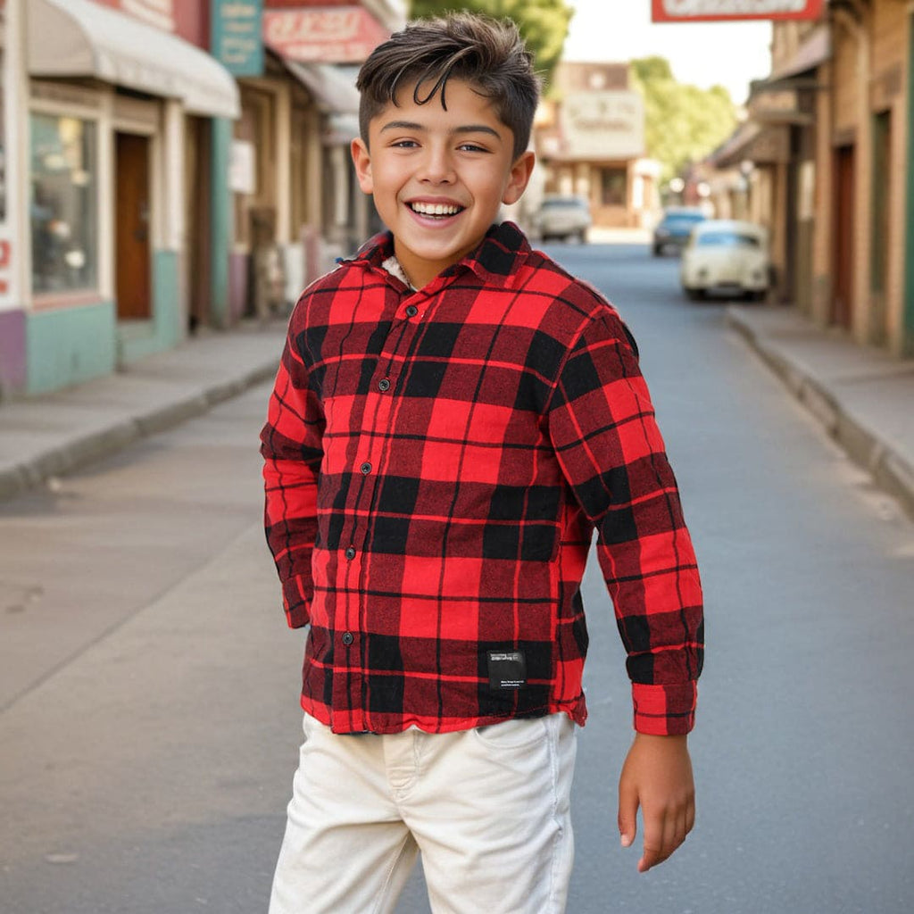 Boys Red Checkered Print Full Sleeves Fleece Line Shirt Shirts Red 6-7 Y 