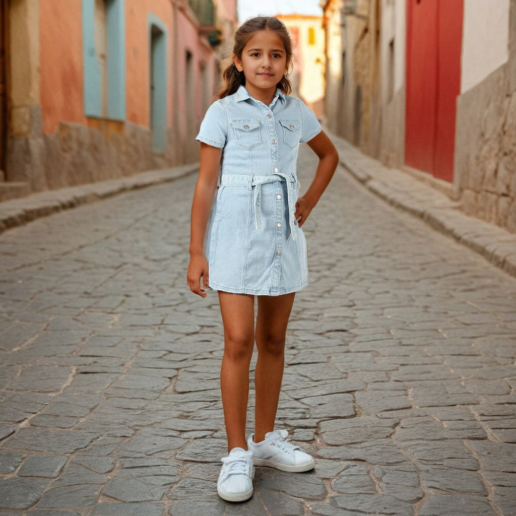 Girls Blue Short Sleeves Denim Dress Casual Dresses Blue 9-10 Y 