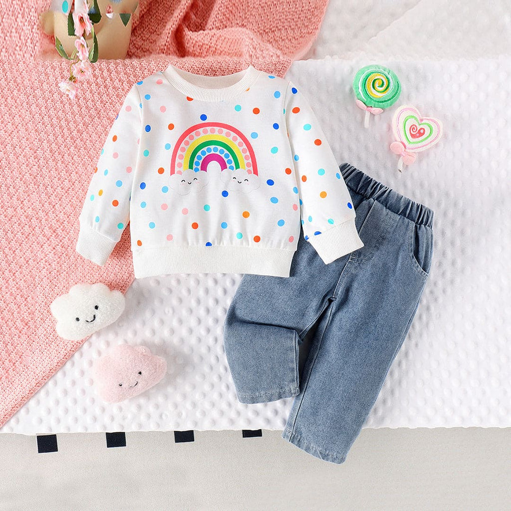 Girls White Rainbow Polka Dot Print Sweatshirt With Denim Trousers Set Sets White 1-2 Y 