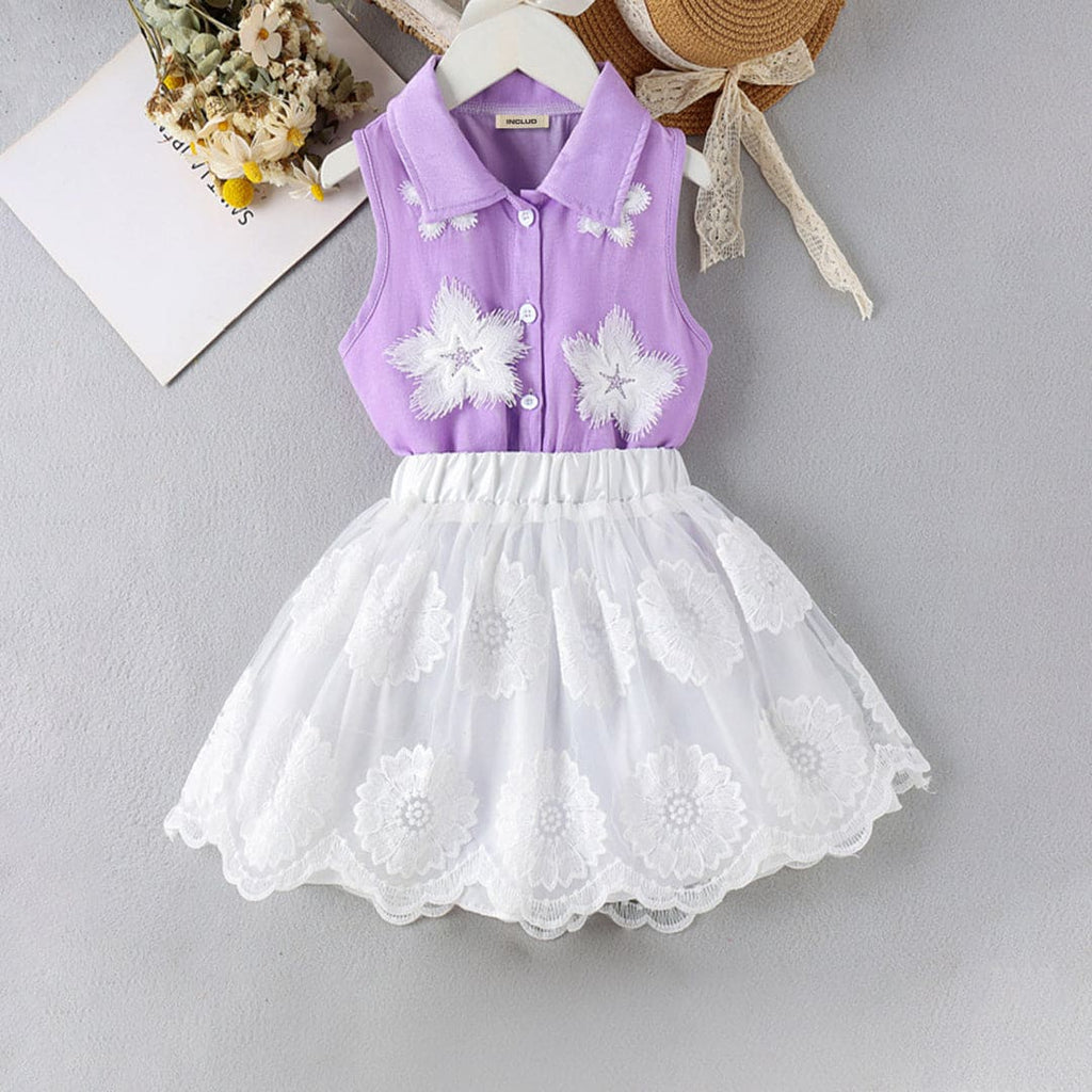 Girls Purple Sleeveless Knotted Shirt With Embroidered Skirt Set Sets Purple 4-5 Y 